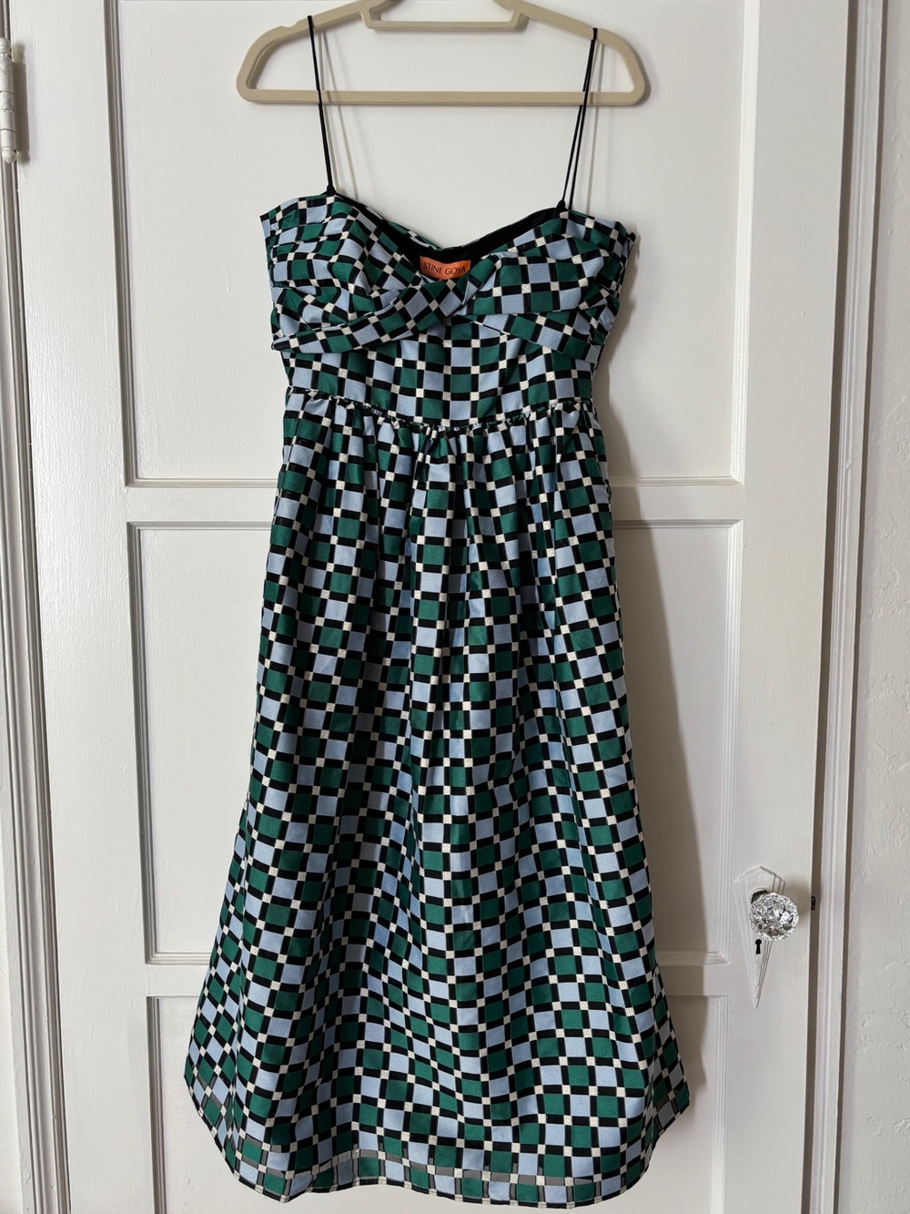 STINE GOYA Black and Green Check Midi Dress with Spaghetti Straps NWT